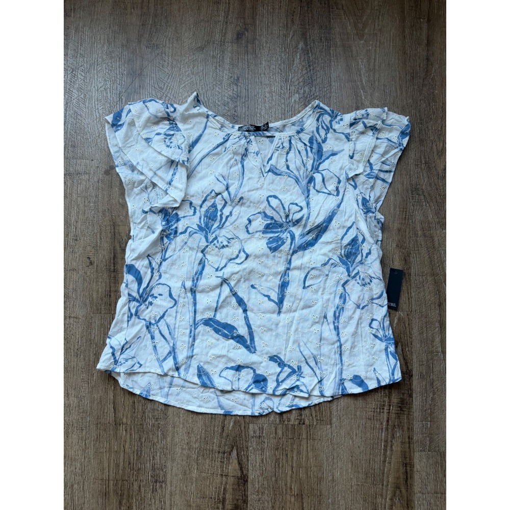 CURE. Floral Eyelet Ruffle Sleeve Top‎ XL White Blue Rayon Blouse M2-5267